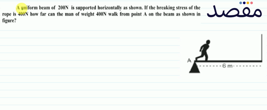 A uniform beam of 200 \mathrm{~N} is supported horizontally as shown. If the breaking stress of the rope is 400 \mathrm{~N} how far can the man of weight 400 \mathrm{~N} walk from point A on the beam as shown in figure?