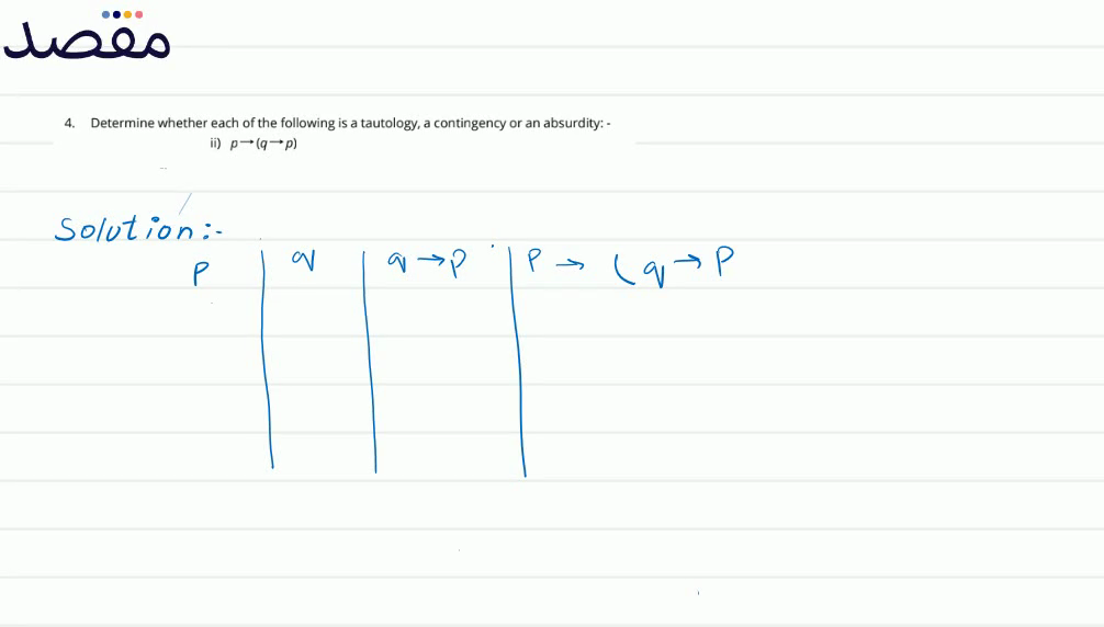4. Determine whether each of the following is a tautology a contingency or an absurdity: -ii) p \rightarrow(q \rightarrow p)